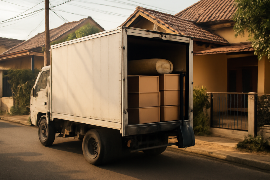 Truk pindahan sedang parkir di depan rumah dengan barang bawaan tertata di dalam bak